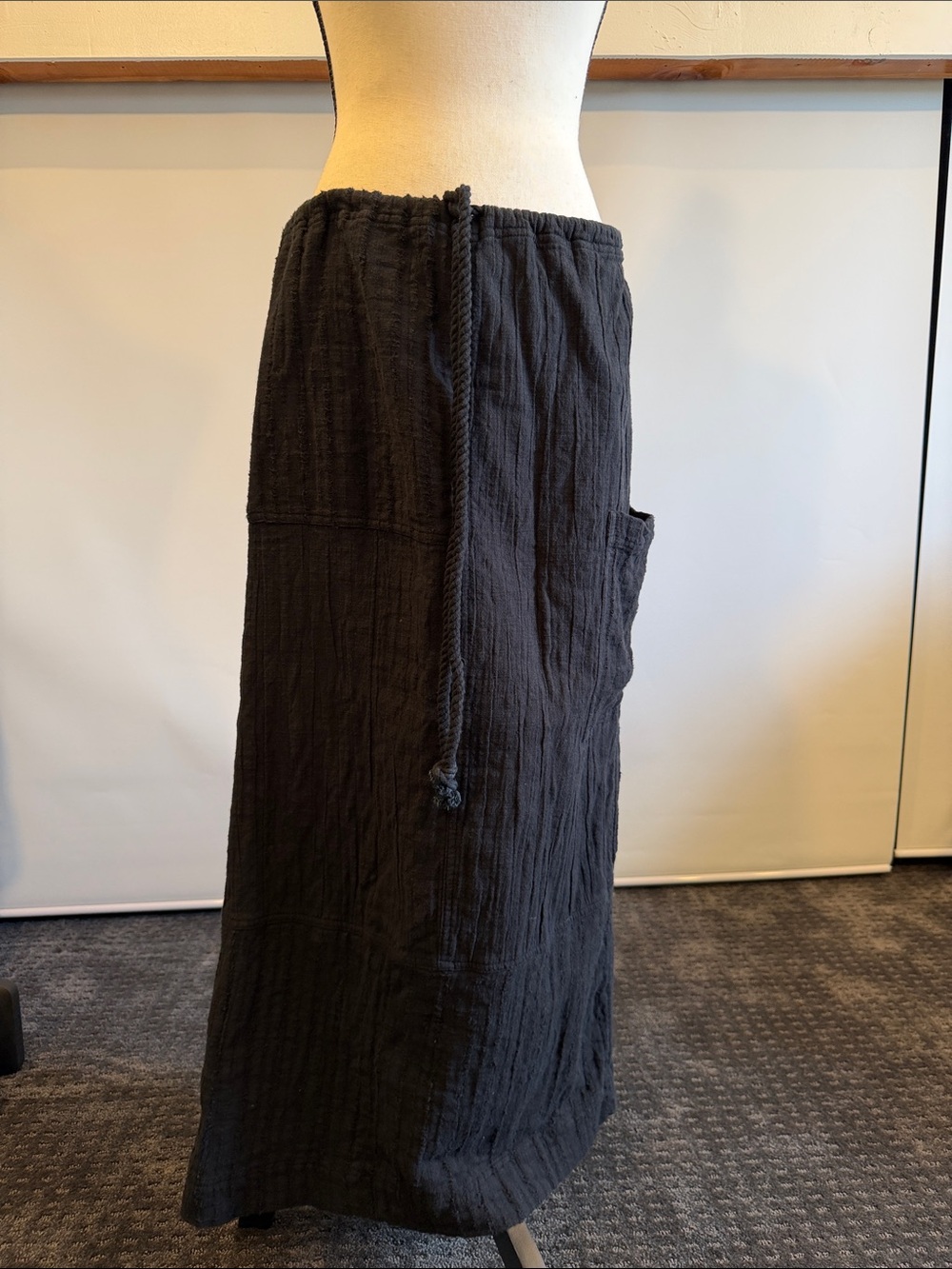 Free People Black Maxi Drawstring Skirt with Side Pocket and side slit